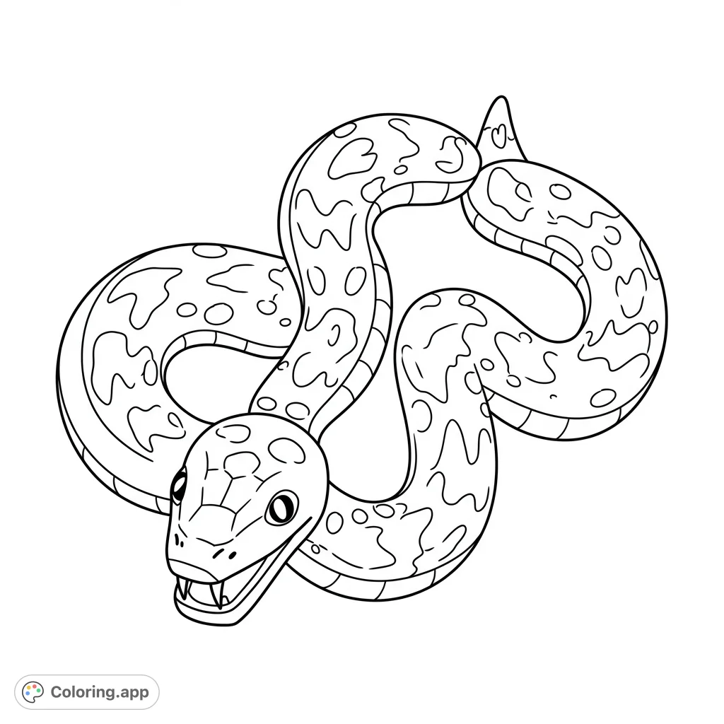 A top-down coloring page of a Lego snake with fangs, perfect for kids! Features clean lines, open spaces, and detailed segments for creative coloring fun.
