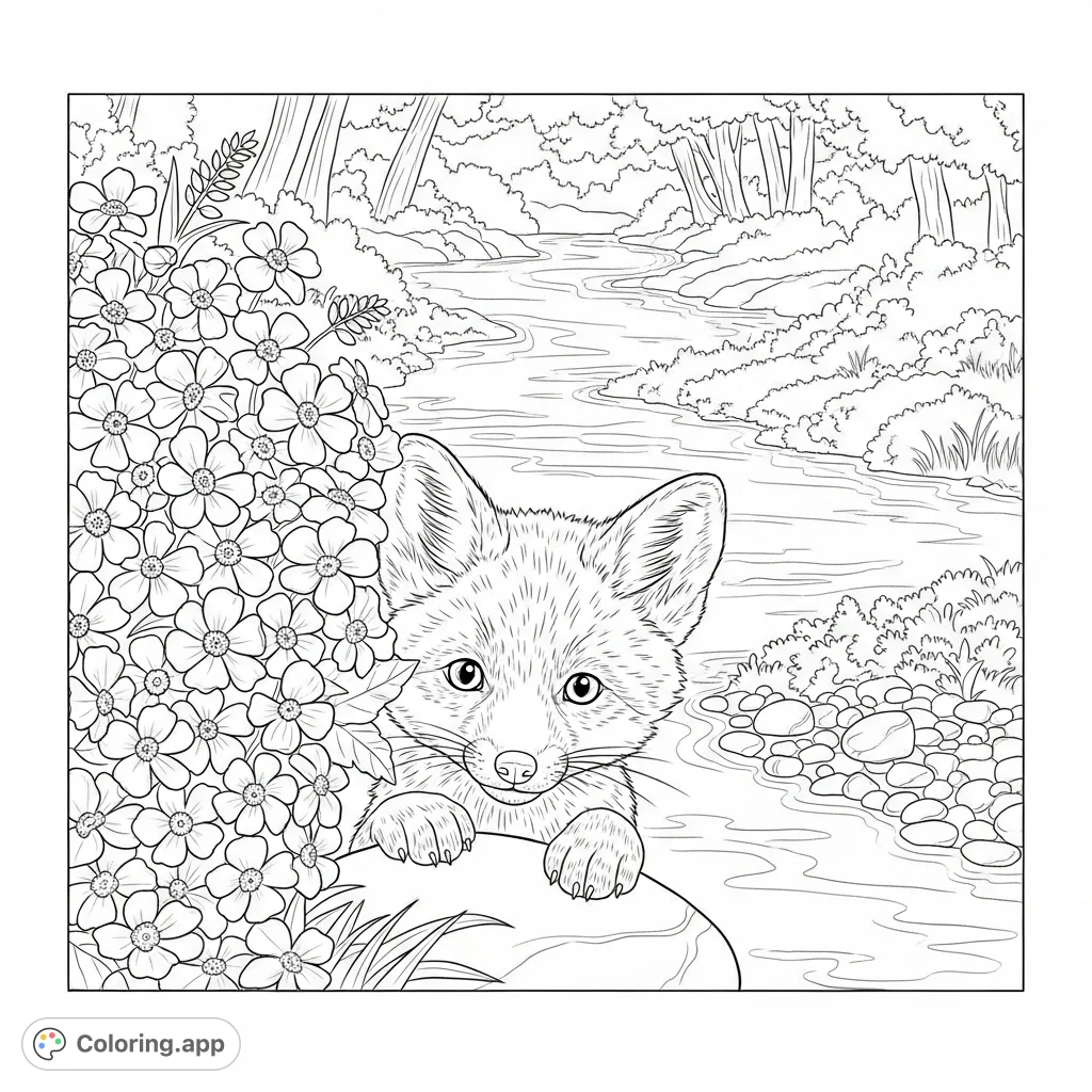 A charming baby fox peeks from wildflowers, a paw on a river stone, with a gentle stream and a natural backdrop. A delightful nature coloring page.