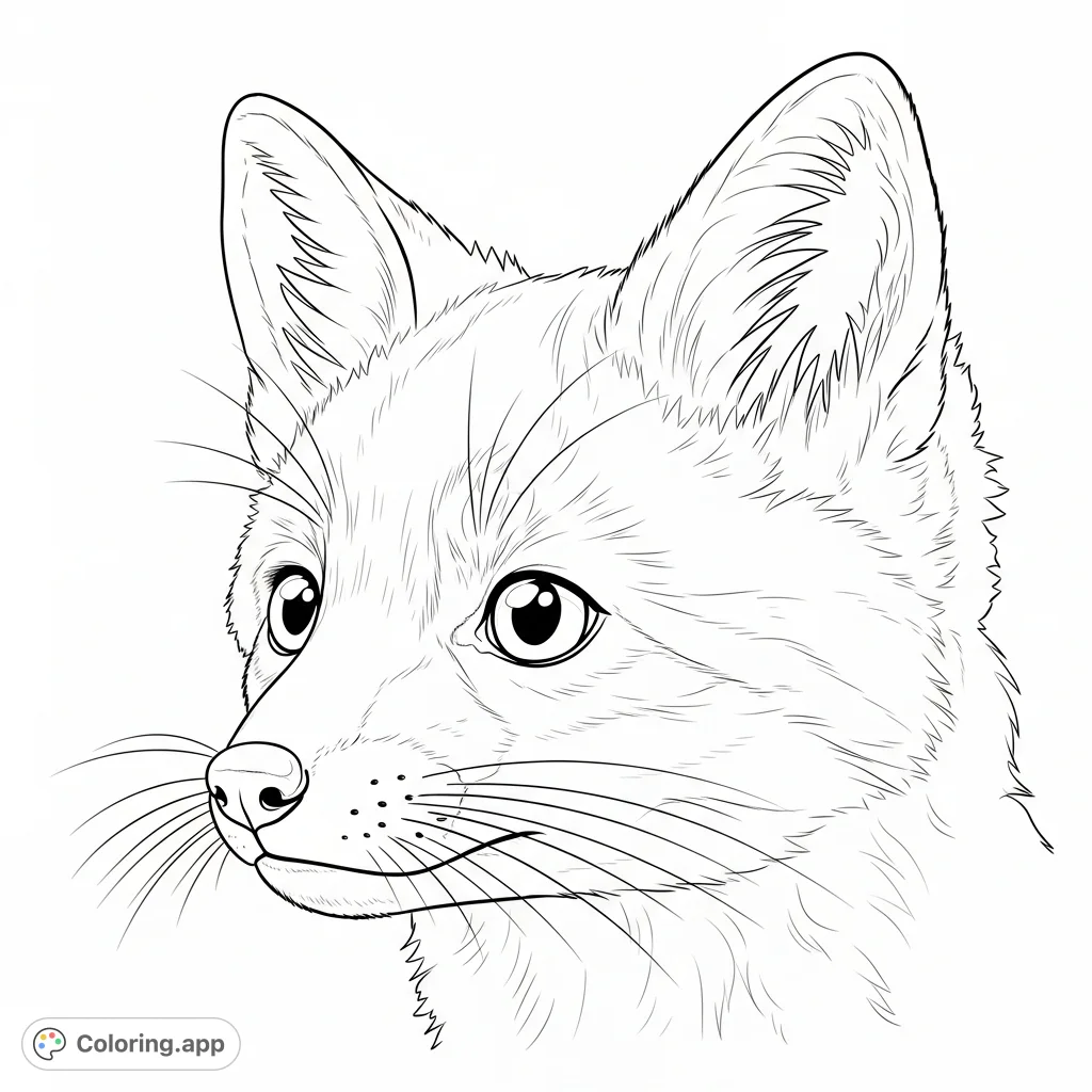 A heartwarming baby fox coloring page featuring a close-up of its expressive face, large eyes, and soft fur, set against a dappled forest background.