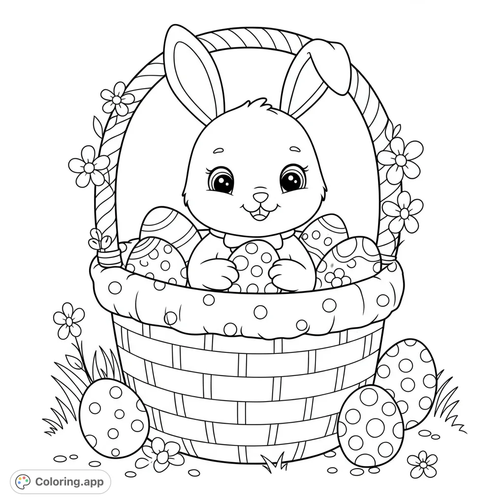 An adorable Easter bunny peeks from a woven basket filled with patterned eggs and spring flowers. A charming free printable Easter coloring page for kids.