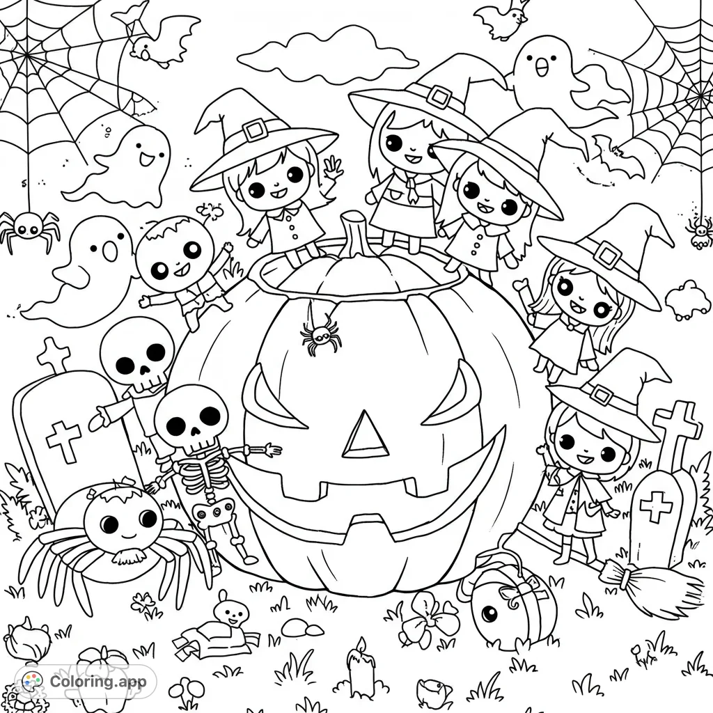 A delightful Halloween coloring page featuring cute witches, ghosts, and skeletons around a friendly jack-o'-lantern. Perfect for festive fun!