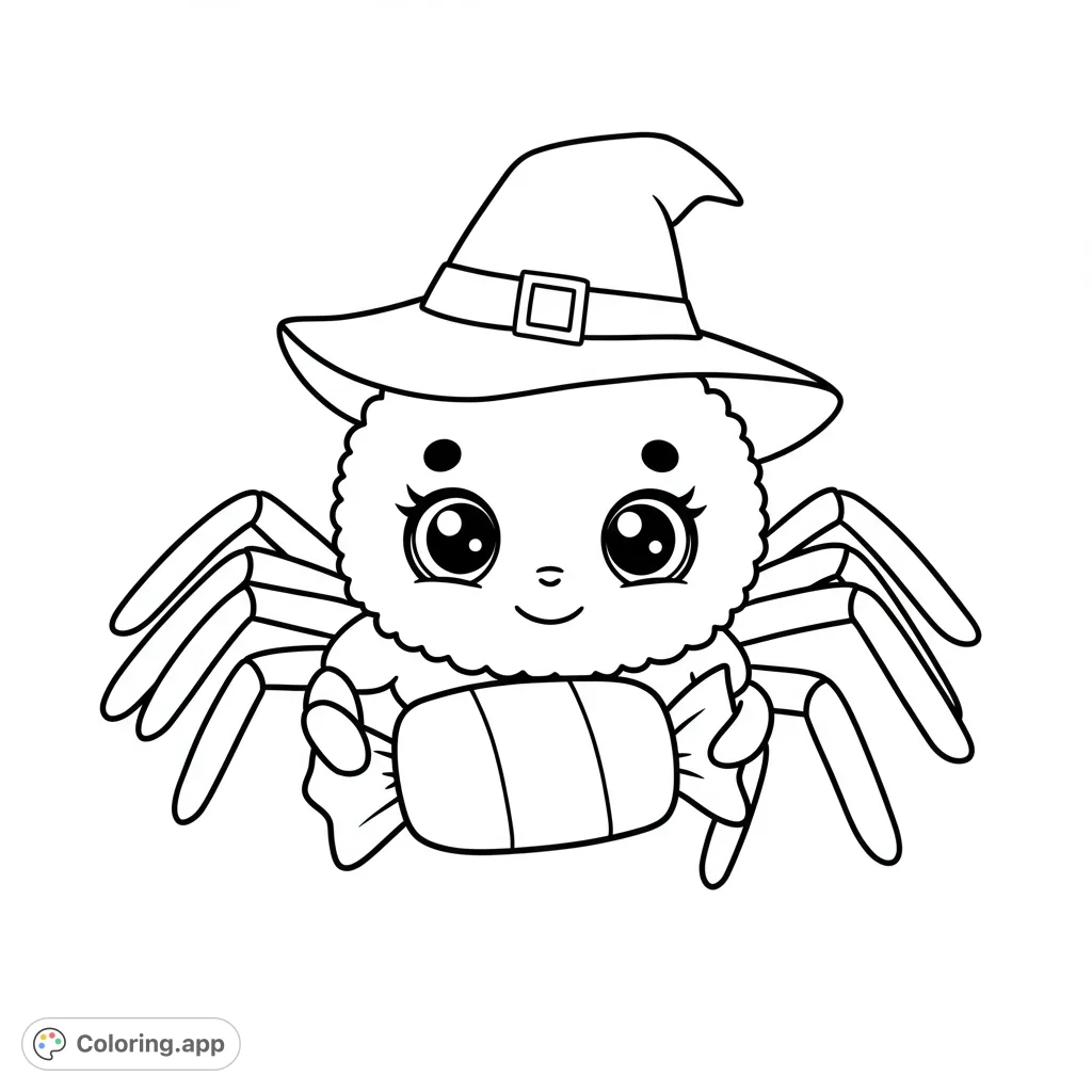 A super cute Halloween spider wearing a witch hat and holding a striped candy, perfect for a fun and festive coloring activity.