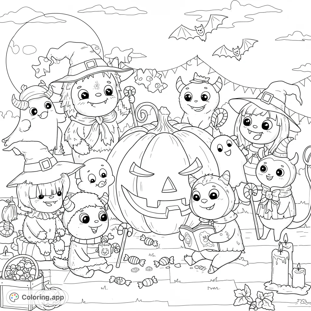 A delightful Halloween scene featuring cute monsters and a girl in costumes gathered around a large jack-o'-lantern under a full moon.