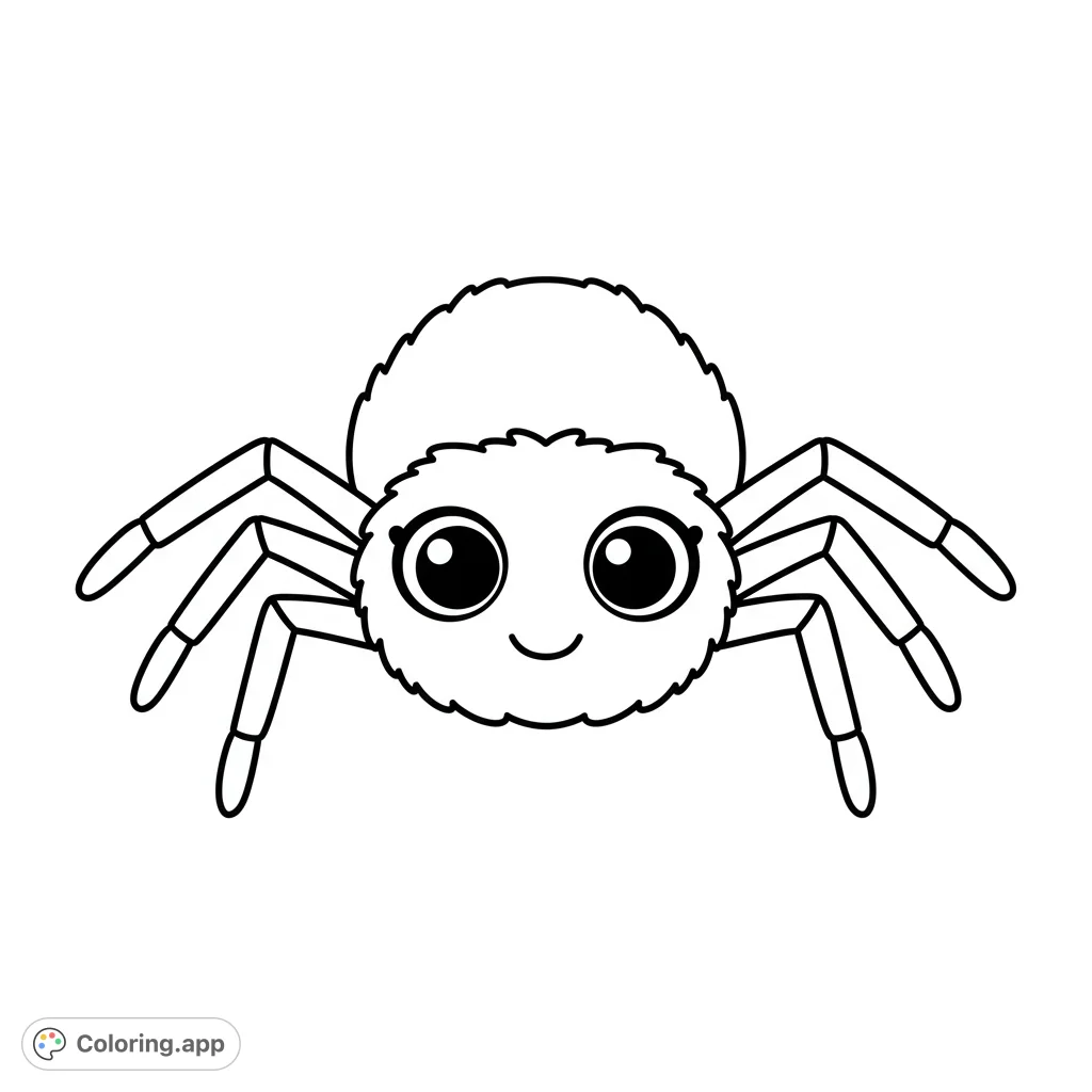 A charming, friendly spider with big, expressive eyes and a fuzzy body, perfect for a fun and easy coloring adventure for all ages.
