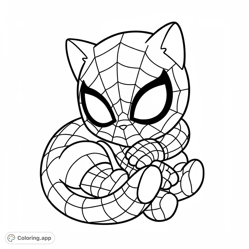 An adorable chibi cat curled up, wearing a detailed superhero suit with web patterns and large eye lenses. A free printable superhero cat coloring page.