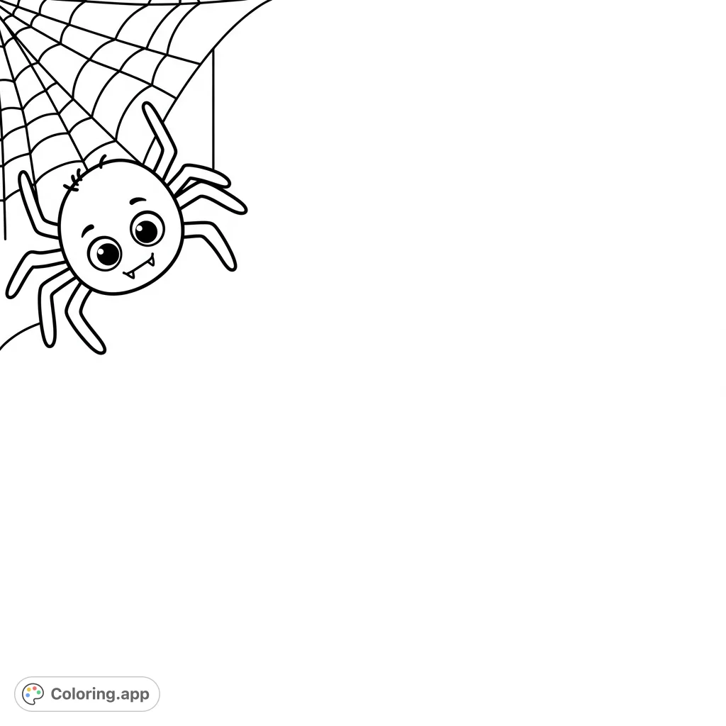 A charming spider on its web, perfect for a Halloween coloring page or a fun activity. Simple lines for easy coloring.