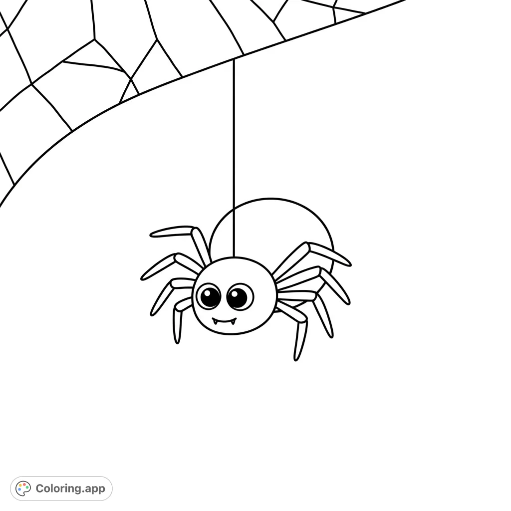 A friendly cartoon spider hangs from its web, ready for a splash of color. Perfect for a fun, spooky, or nature-themed coloring adventure!