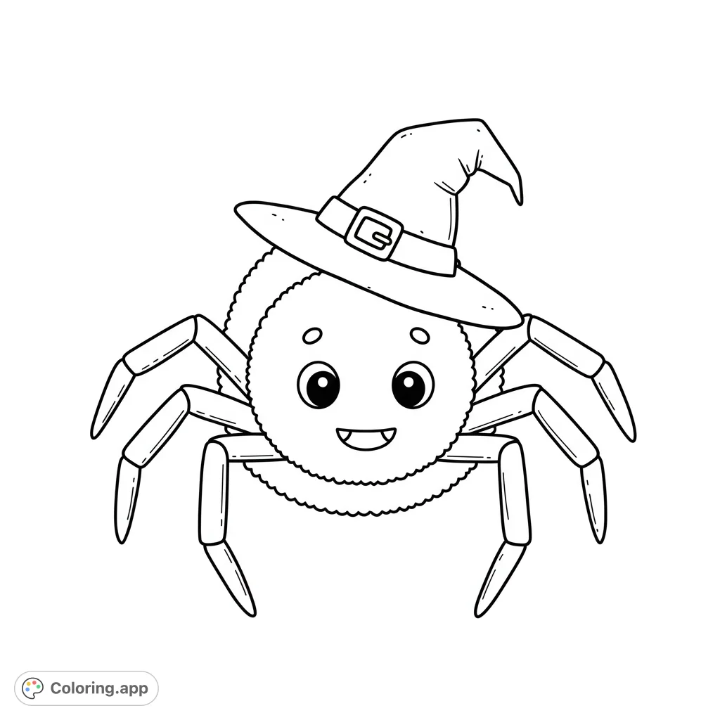 A charming Halloween spider coloring page featuring a cute, round spider wearing a witch's hat, perfect for spooky fun and creative coloring.