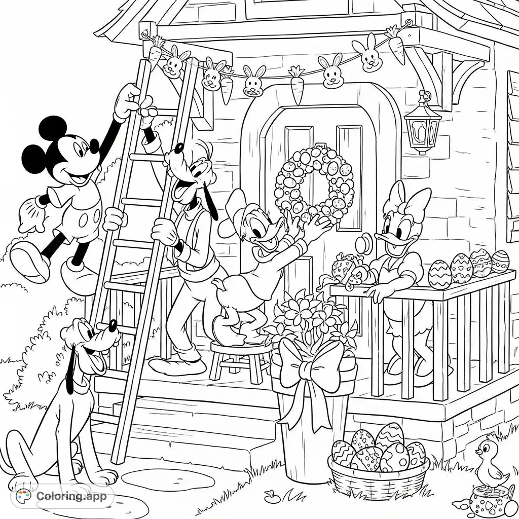Join Mickey Mouse, Minnie, Donald, Goofy, Daisy, and Pluto as they festively decorate a charming cottage for Easter with garlands, bows, and eggs!