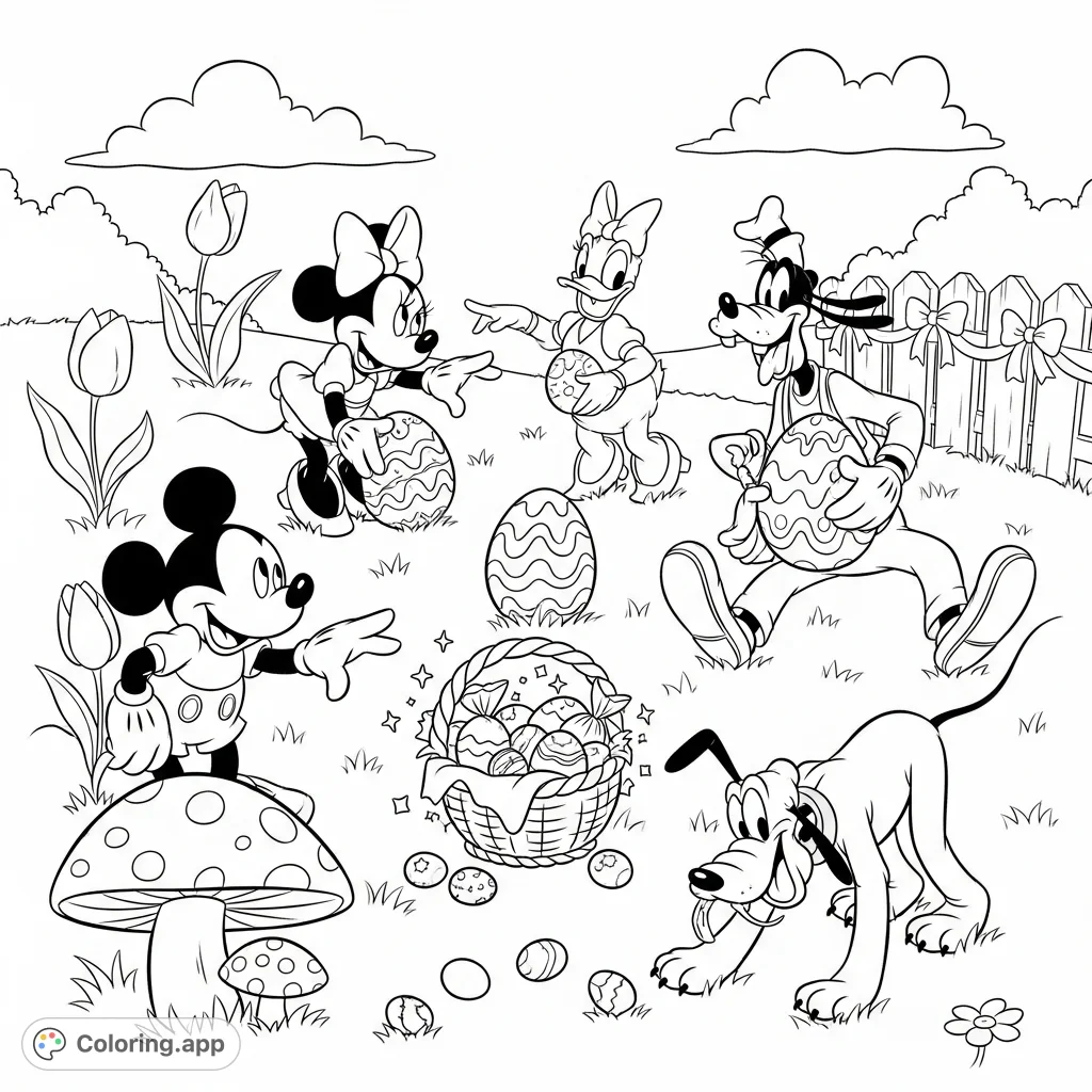 Join Mickey, Minnie, Donald, Goofy, Daisy, and Pluto on a delightful Easter egg hunt in a charming spring meadow, filled with blooming flowers and hidden treats.