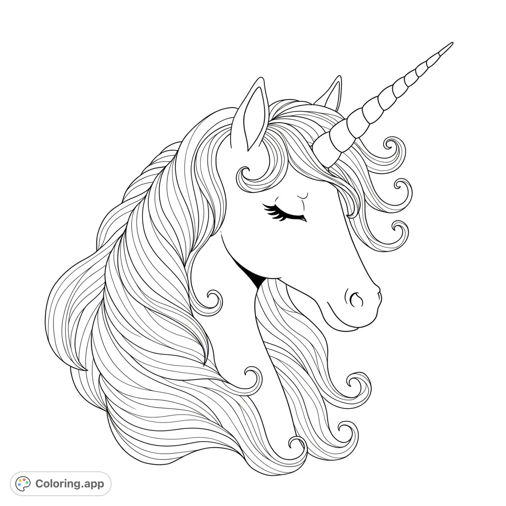 A beautiful unicorn head coloring page with a spiraled horn and flowing, detailed mane. Perfect for fantasy lovers and magical coloring fun.