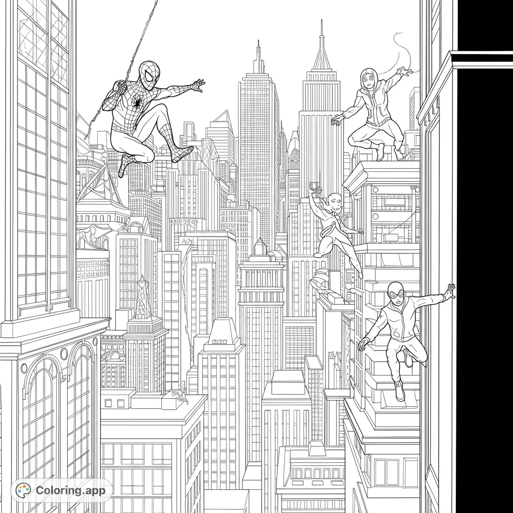 Experience a thrilling superhero adventure! Three agile heroes navigate a dense city, swinging, soaring, and scaling buildings amidst dynamic urban architecture.