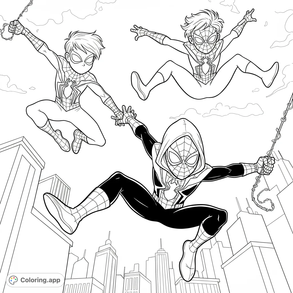 Dynamic superhero coloring page featuring three Spider-heroes leaping through a city, perfect for action-packed fun and creative expression.