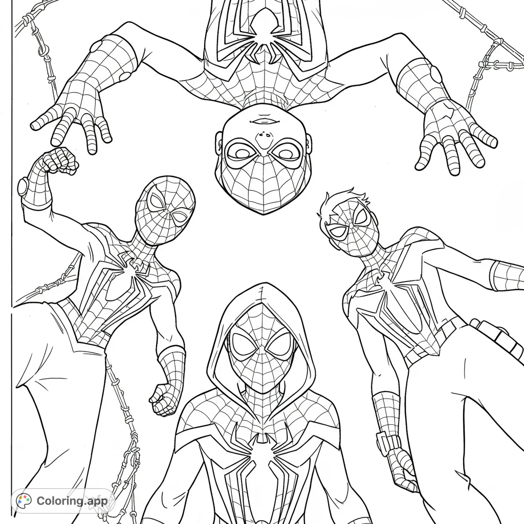 Dynamic Spider-Man coloring page featuring four iconic heroes in action poses, perfect for fans of web-slinging adventures and superhero fun.