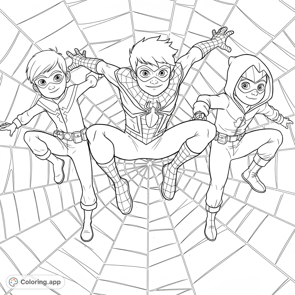 Leap into action with this dynamic superhero team coloring page! Three young heroes soar across an intricate web, ready for adventure.