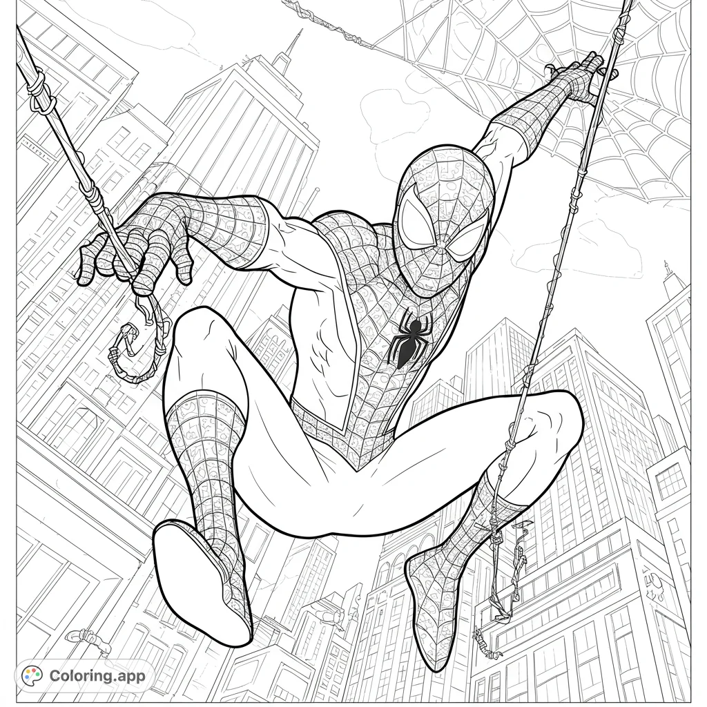 A thrilling superhero coloring page featuring a web-slinging hero soaring through a detailed cityscape. Perfect for action-packed coloring fun!