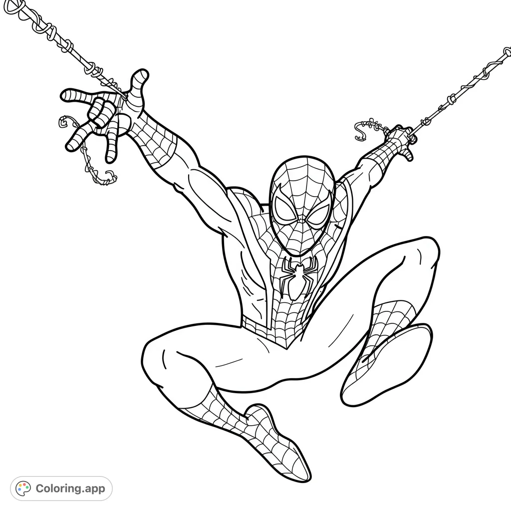 A dynamic superhero coloring page featuring a web-slinging hero in mid-air, perfect for fans of action and adventure. Free printable for all ages!