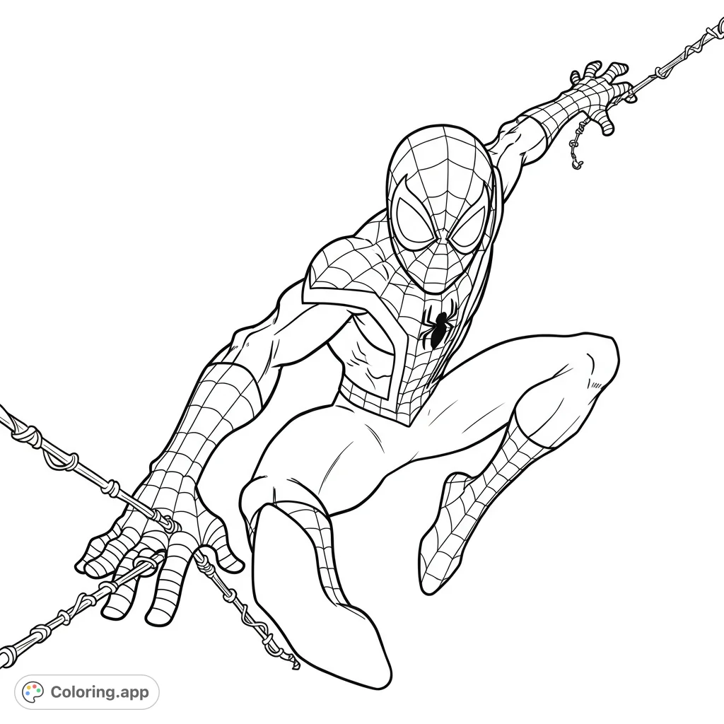 A dynamic superhero in a classic web-patterned suit, poised to swing with web lines. Perfect for fans of action and adventure!
