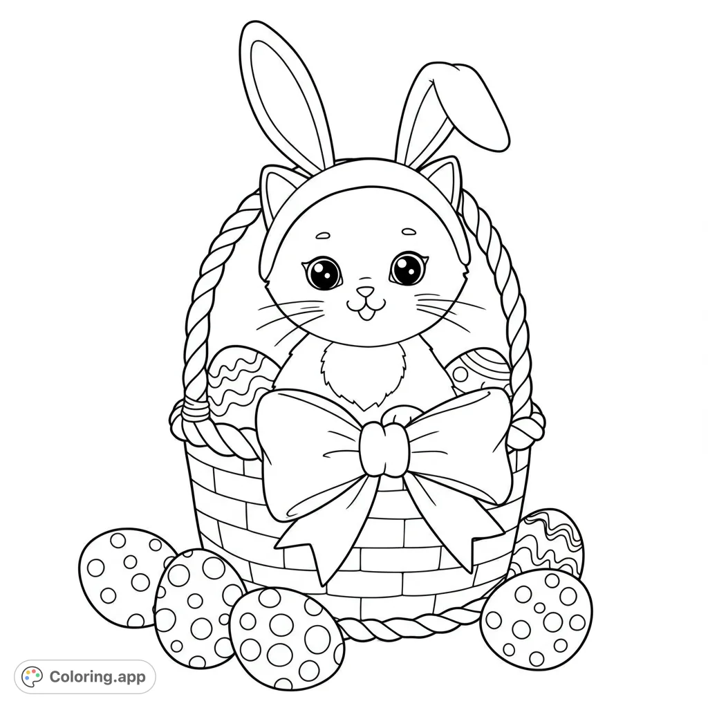 Adorable kitten with bunny ears in an Easter basket, surrounded by patterned eggs. A charming free printable Easter coloring page for kids and adults.