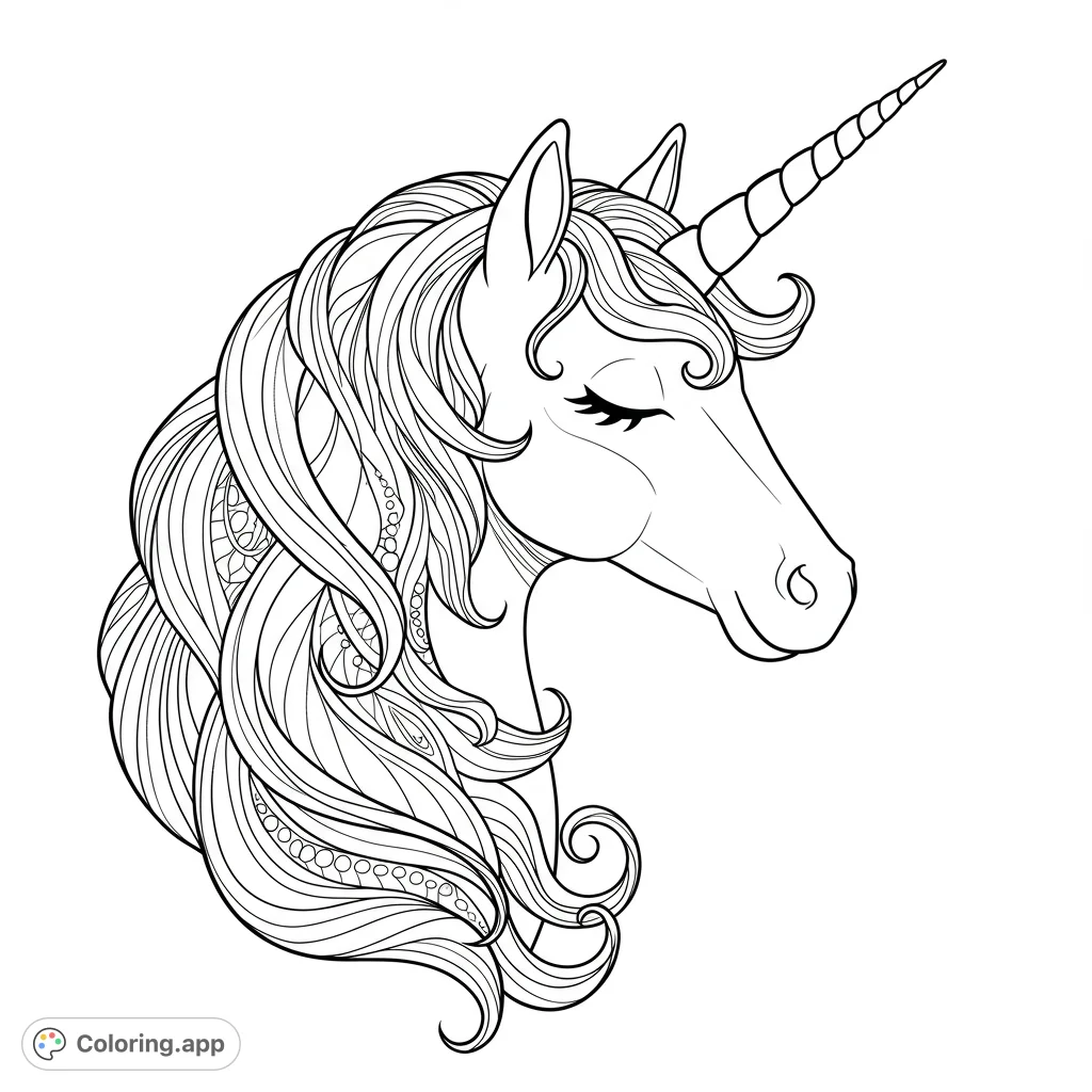 An elegant unicorn head with a spiraled horn and a voluminous, intricately patterned mane. Perfect for a magical coloring experience.