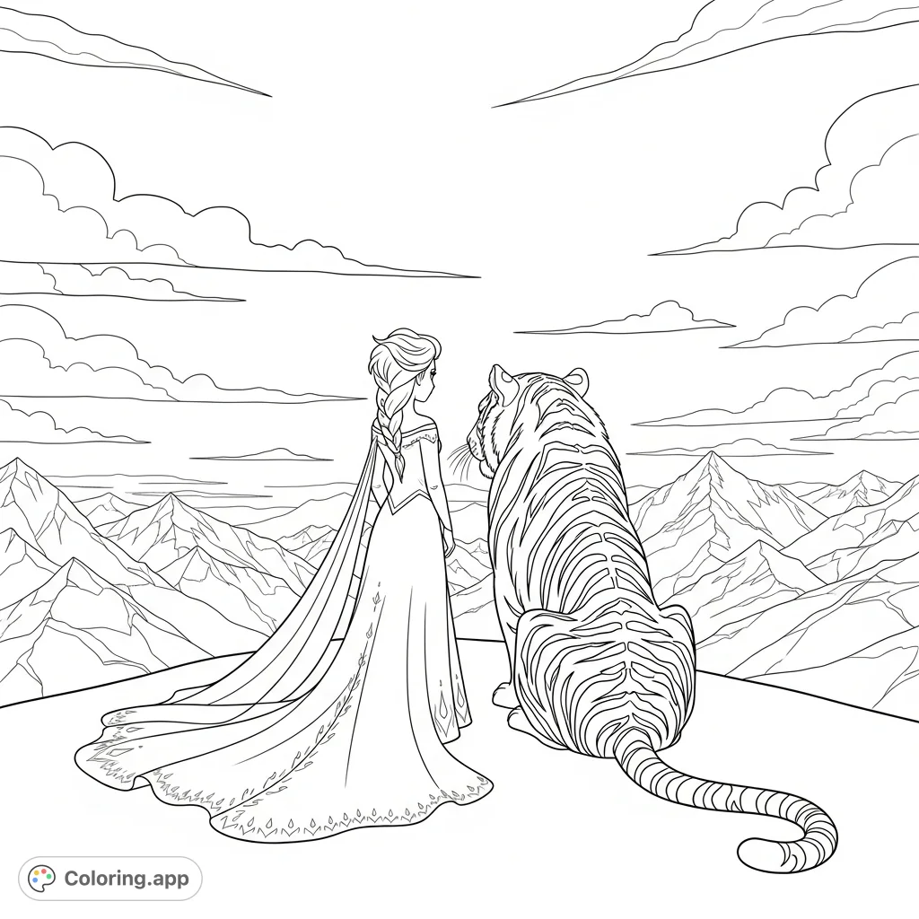 Elsa and a grand tiger stand on a snowy ridge, gazing at distant mountains under a vast sky, embodying serene companionship in a magical, wintry landscape.