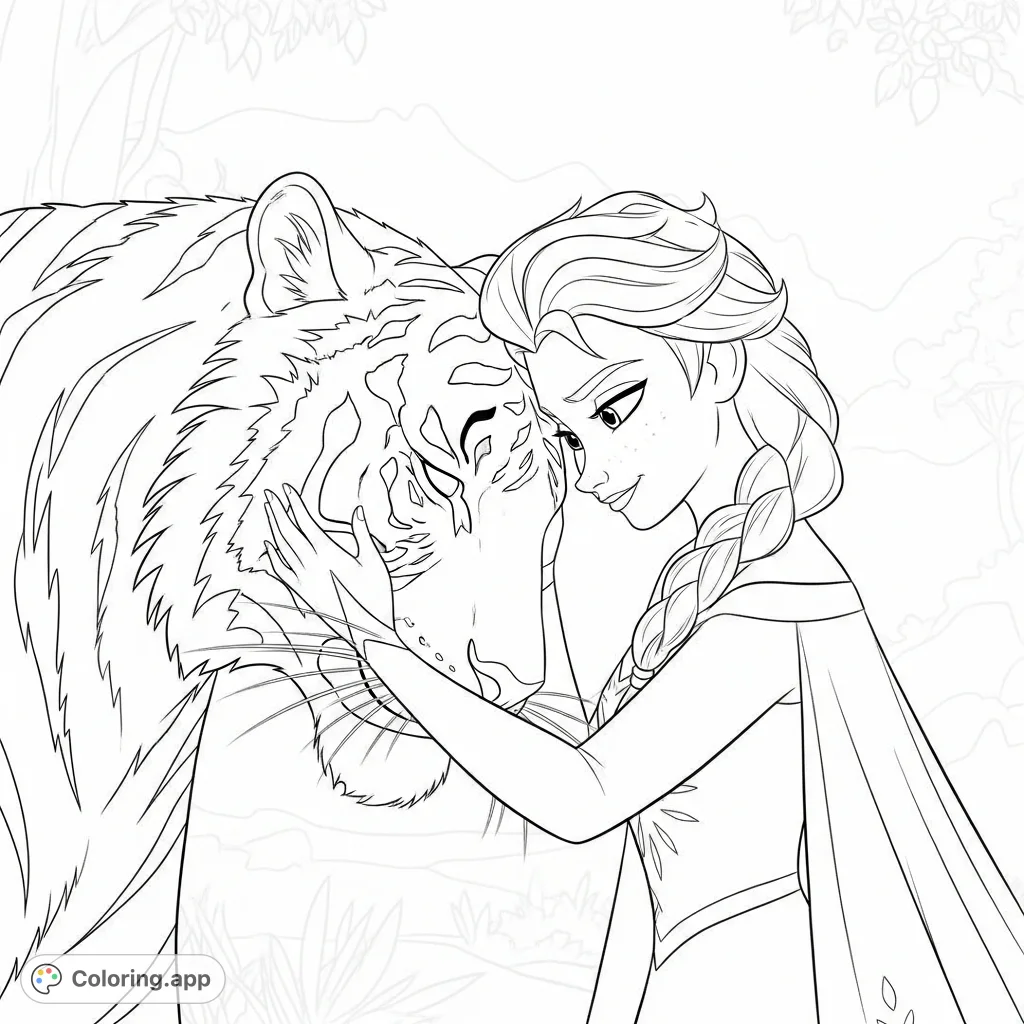 Elsa shares a tender moment with a majestic tiger, gently stroking its head as its eyes close in contentment. A heartwarming scene of an unlikely bond.