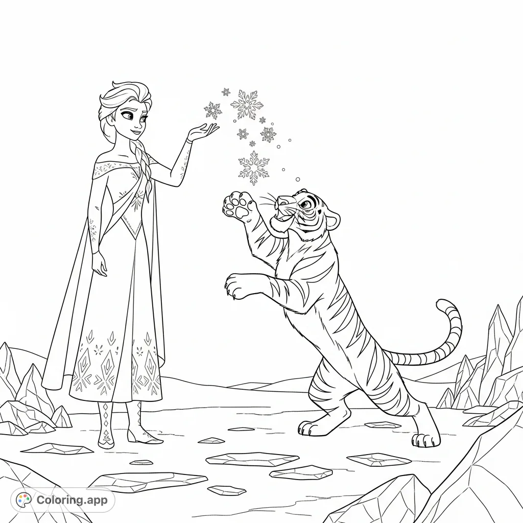 Elsa conjures delicate snowflakes while a playful tiger pounces, batting at the ice creations in a luminous clearing filled with reflective ice shards.