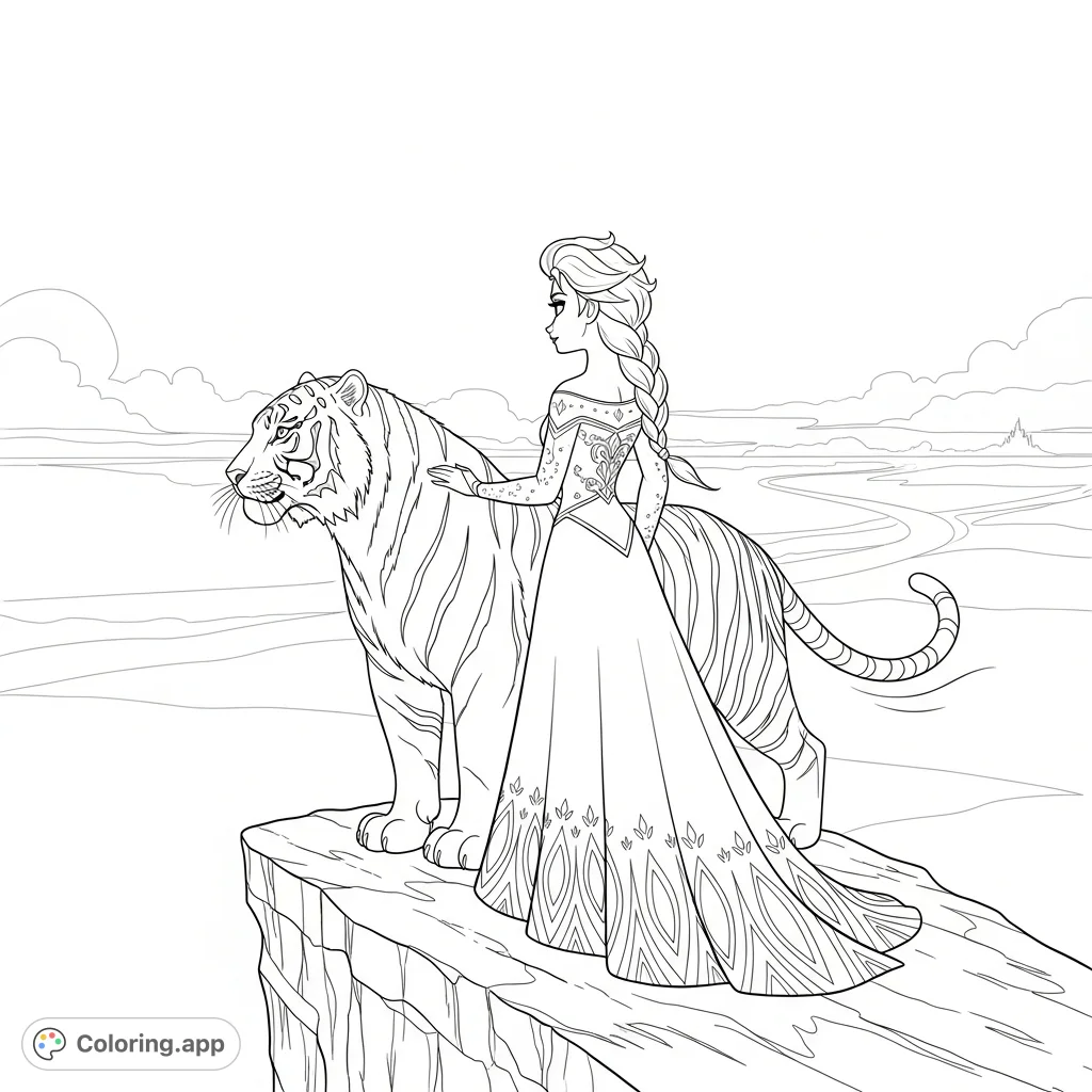 Join Elsa and a majestic tiger as they stand on a rocky outcrop, gazing intently at a vast, open landscape. A stunning scene for imaginative colorists.