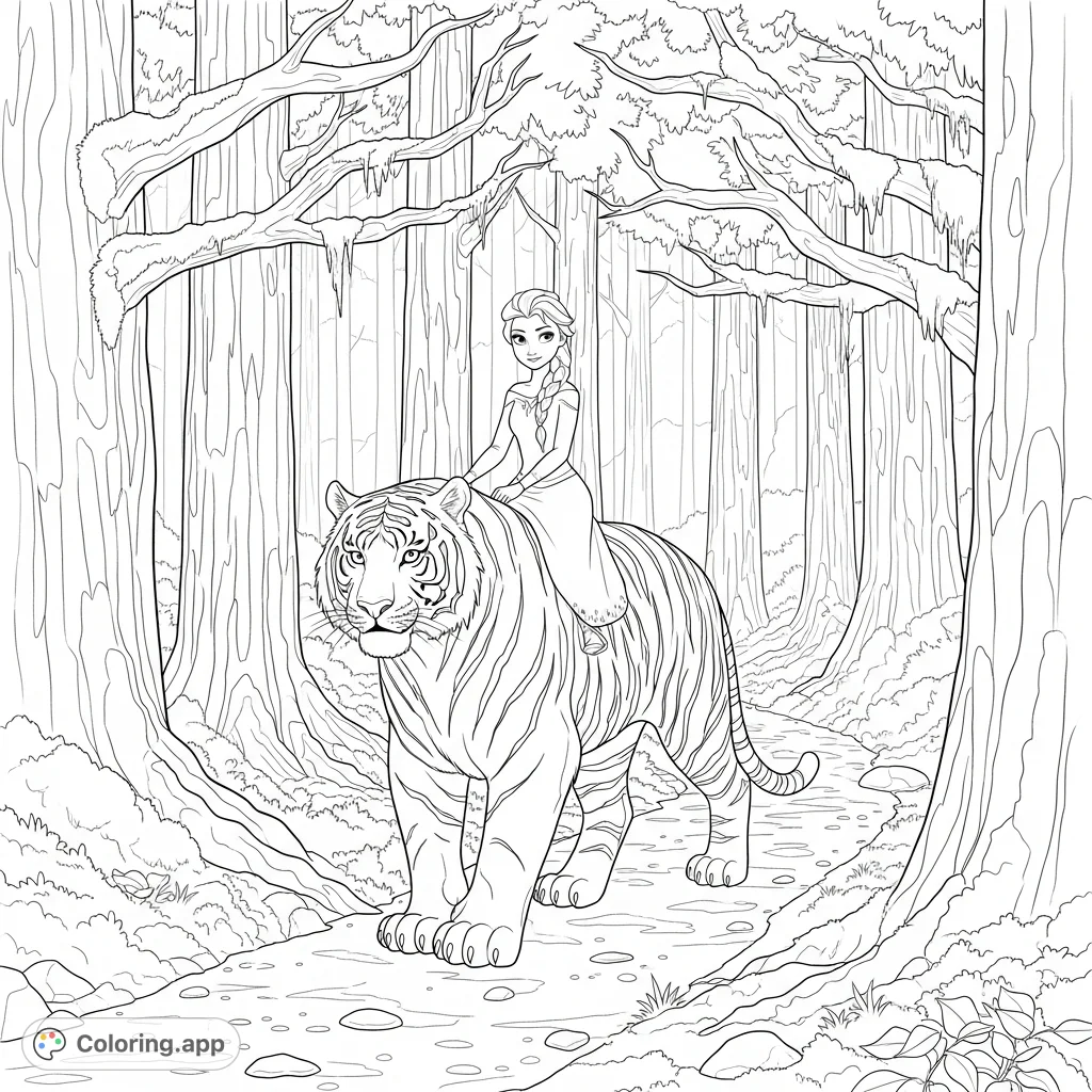 Join Elsa and her powerful tiger companion on an enchanted journey through a dense, ancient forest, navigating a winding path beneath towering trees.