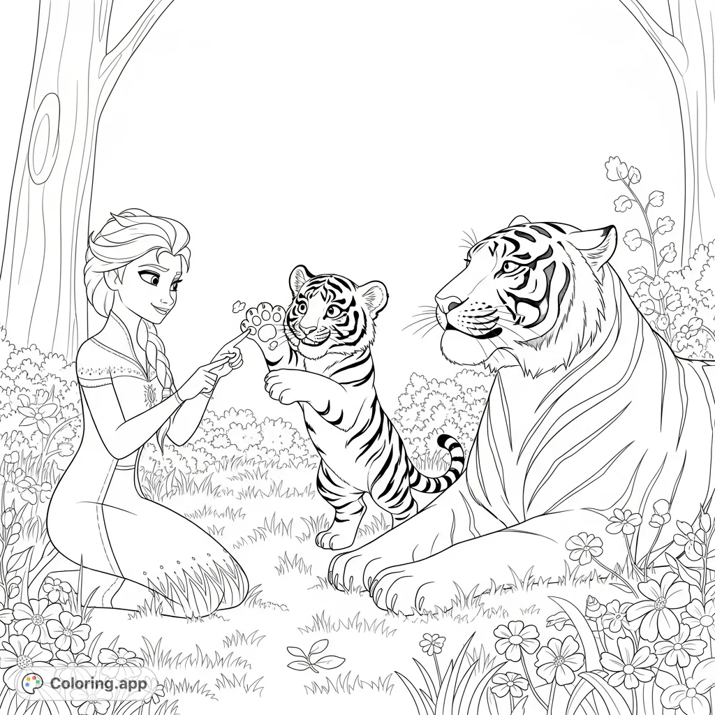 Discover Elsa's serene encounter with playful tiger cubs and a majestic adult tiger in a sun-dappled glade, filled with grasses and wildflowers.
