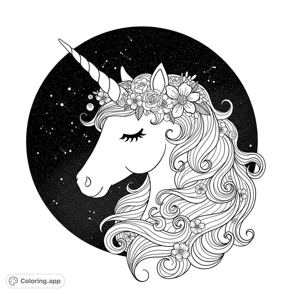 A beautiful unicorn with a floral crown and flowing mane against a starry night sky. Perfect for magical coloring adventures.