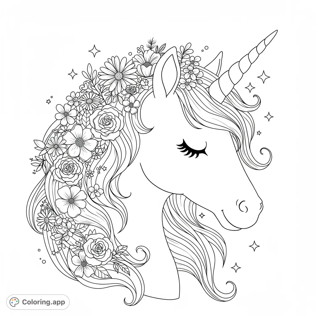 A beautiful unicorn head adorned with intricate flowers and a flowing mane, perfect for a magical unicorn coloring page experience. Free printable floral coloring page.