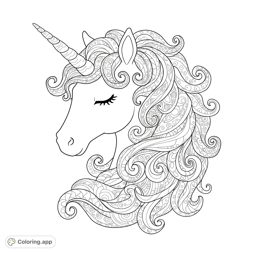 A beautiful unicorn head with closed eyes and an intricately patterned, flowing mane. Perfect for a magical coloring experience.
