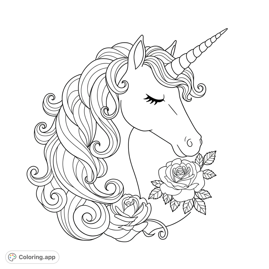 A beautiful unicorn head with flowing mane and delicate roses. Perfect for a magical unicorn coloring page, free printable for all ages.