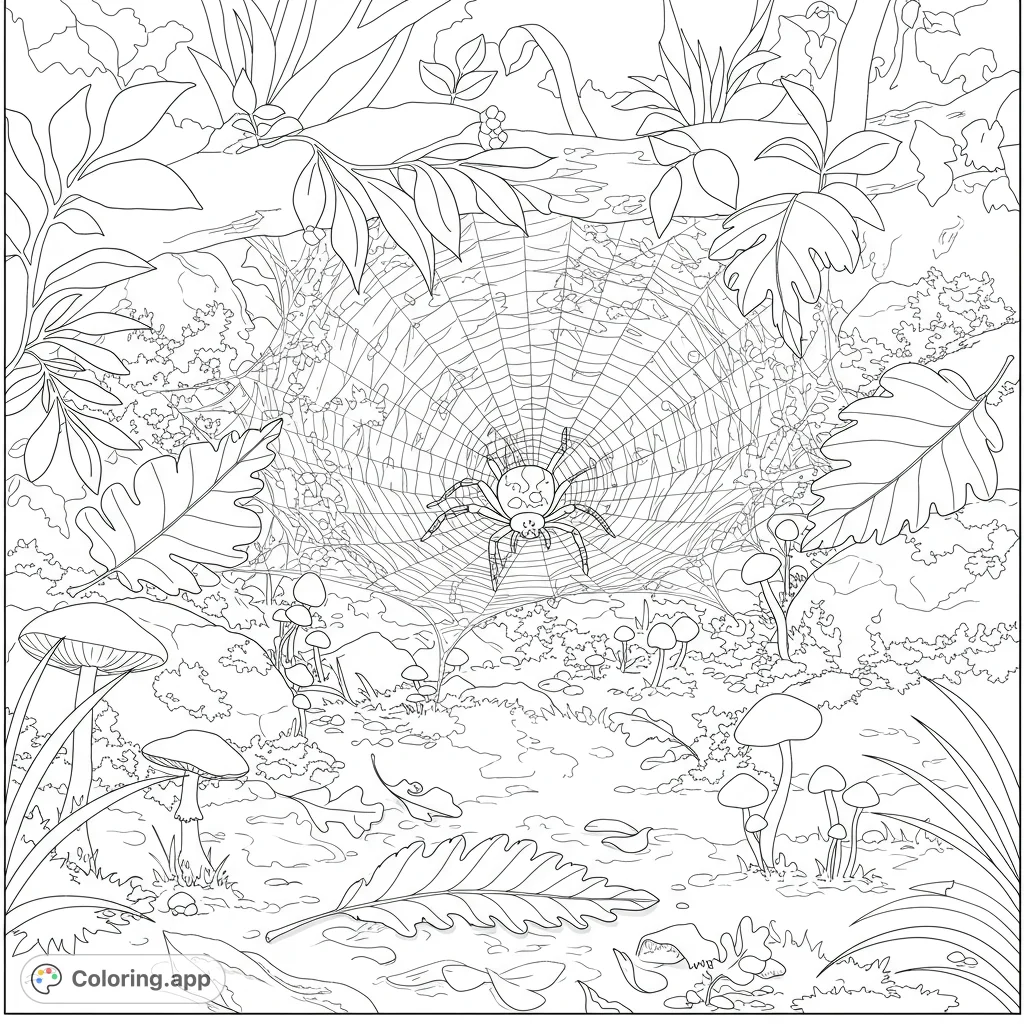 Discover a camouflaged spider in its intricate funnel web, nestled among fallen leaves, mossy stones, and tiny mushrooms in a dense forest undergrowth.