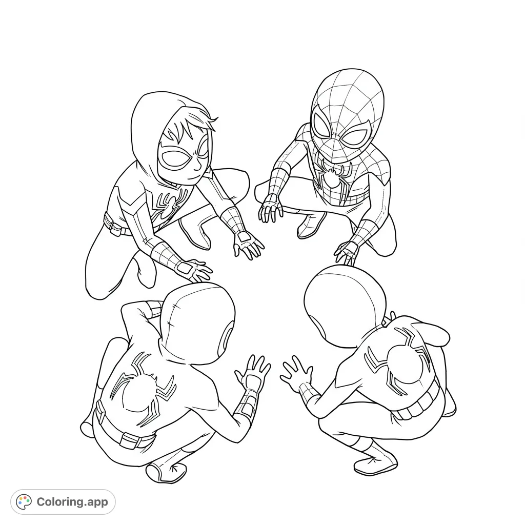 An action-packed superhero coloring page featuring four stylized web-slingers in a dynamic crouching circle, ready for adventure. Perfect for fans!