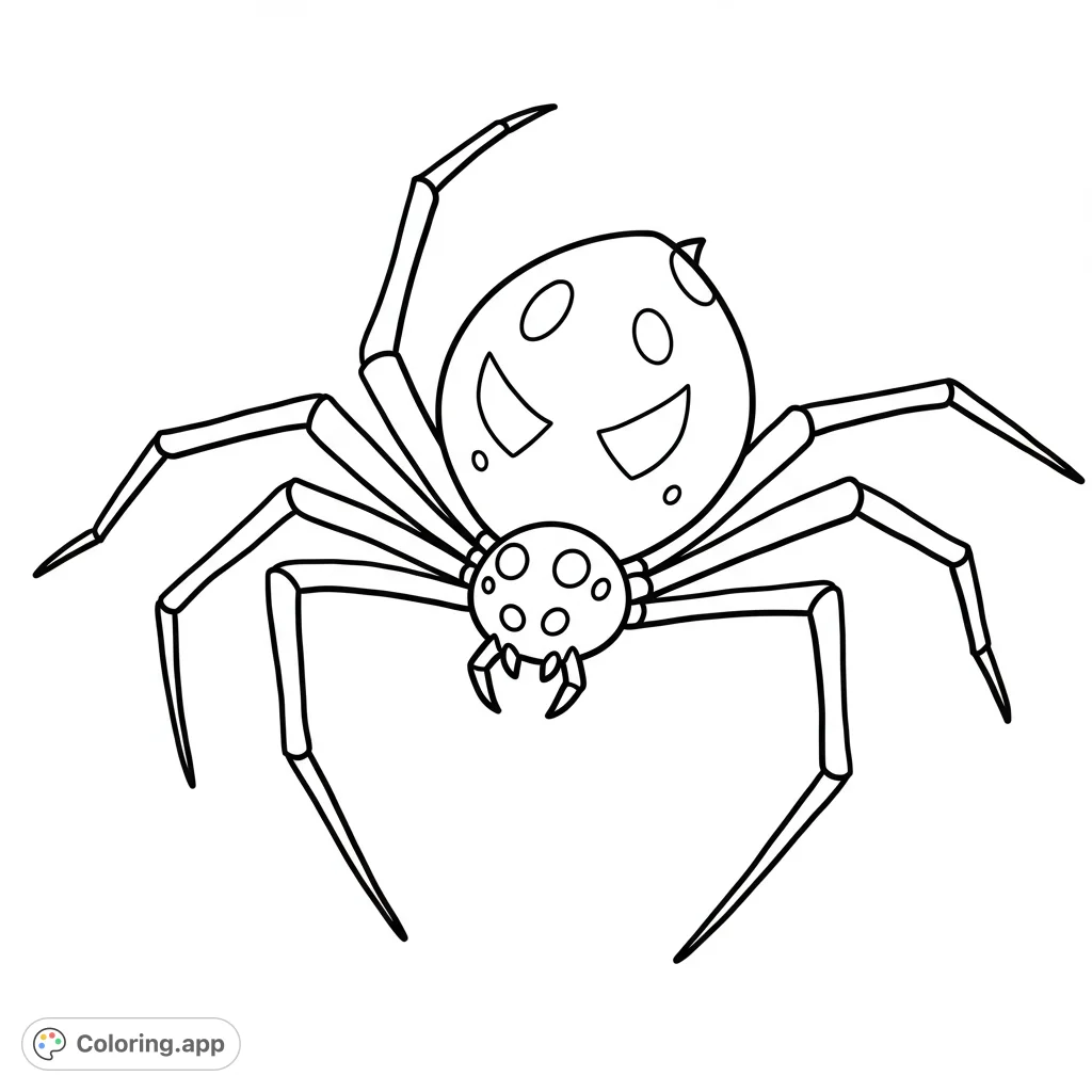 A charming cartoon spider coloring page with bold lines and clear sections, perfect for a fun and easy coloring experience for all ages.