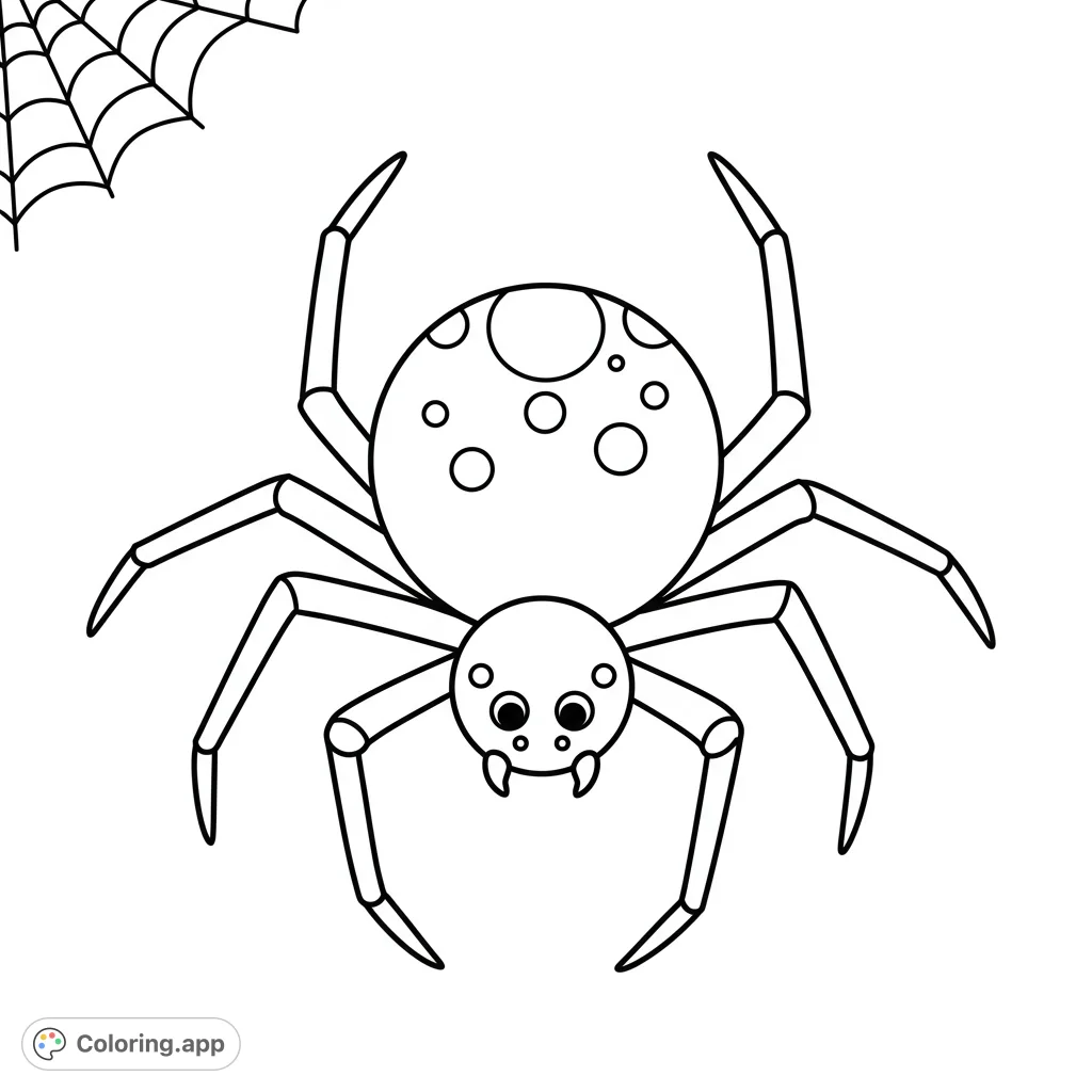 A cute, spotted spider with eight legs and a partial web, perfect for a fun and easy coloring adventure. Great for kids and Halloween!