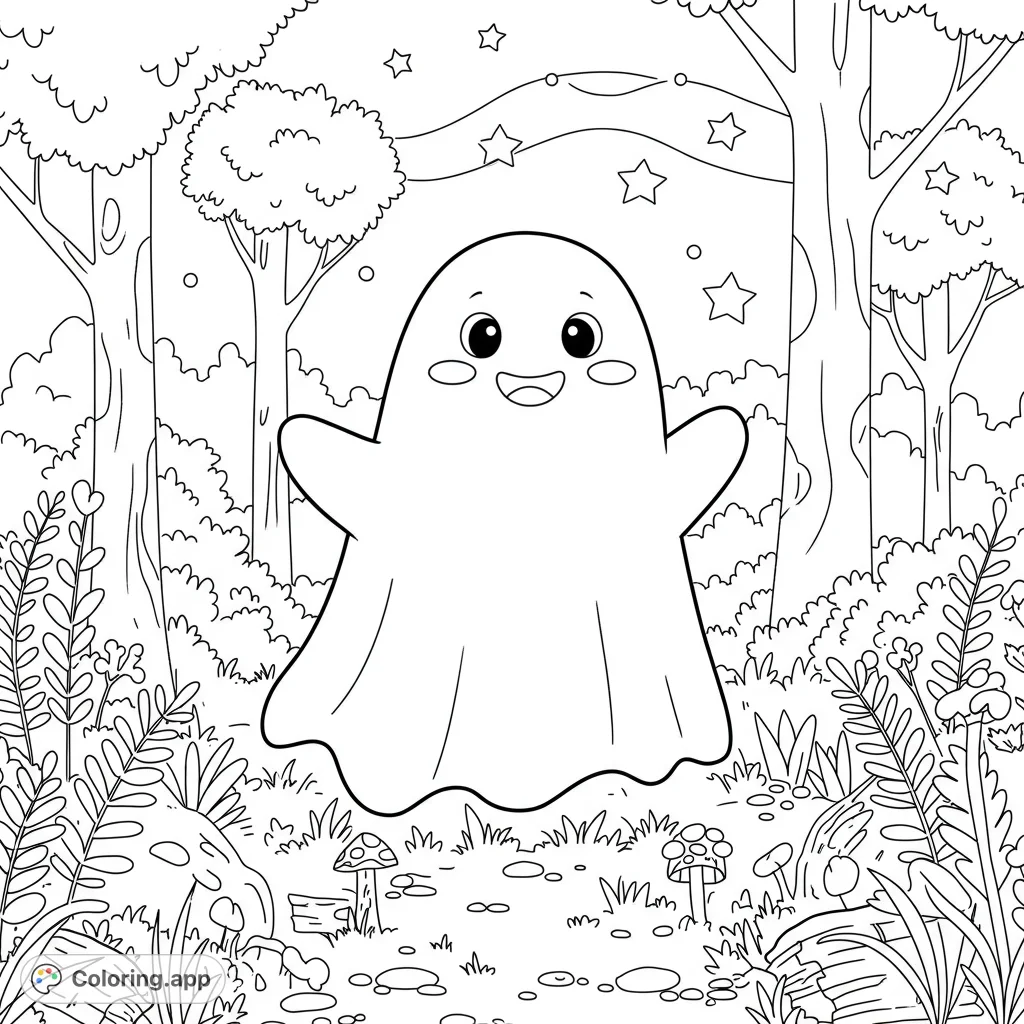 A cute ghost smiles in a whimsical forest, surrounded by trees, ferns, and mushrooms. A delightful Halloween coloring page for kids.
