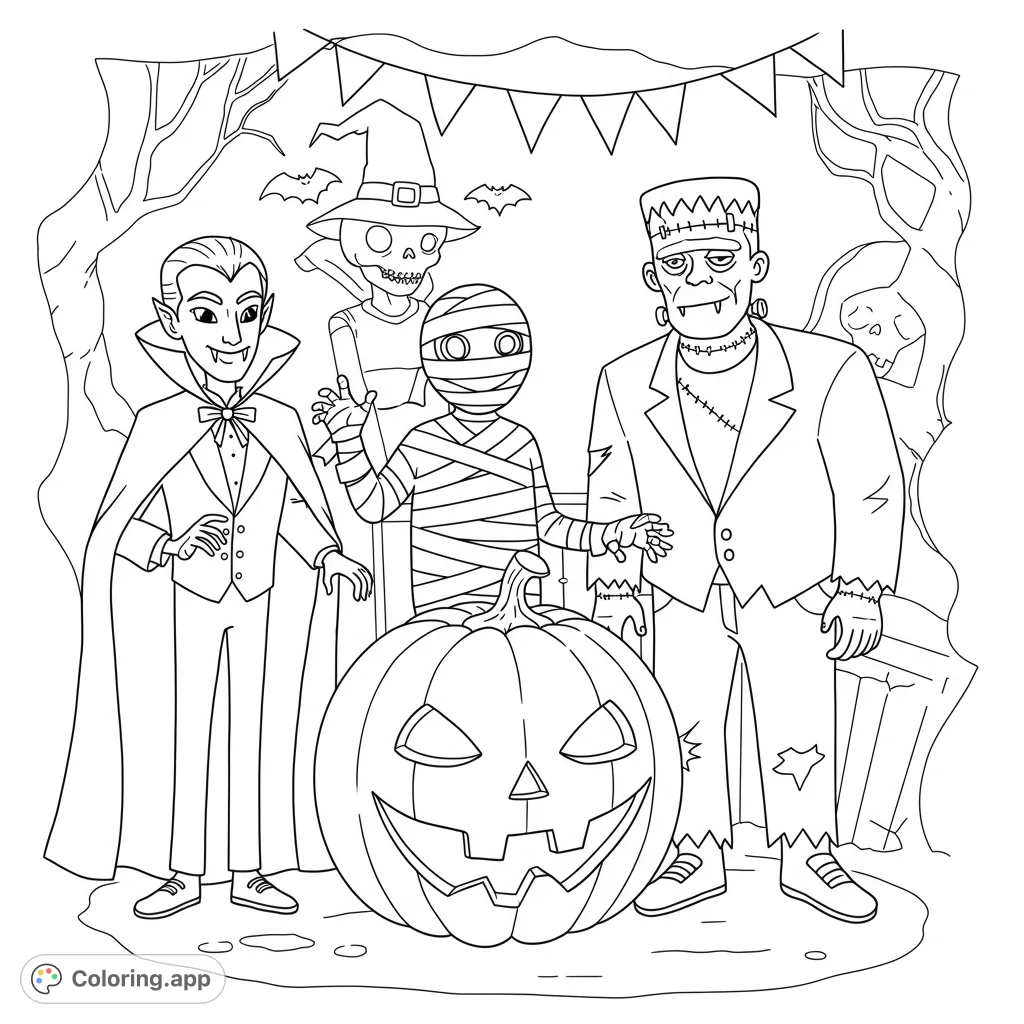A fun Halloween coloring page featuring Dracula, Frankenstein, a Mummy, and a Skeleton with a grinning jack-o'-lantern, perfect for spooky fun.