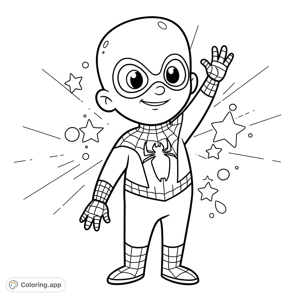 A cheerful child superhero in a web-patterned suit waves, surrounded by stars. A fun, free printable superhero coloring page for kids.