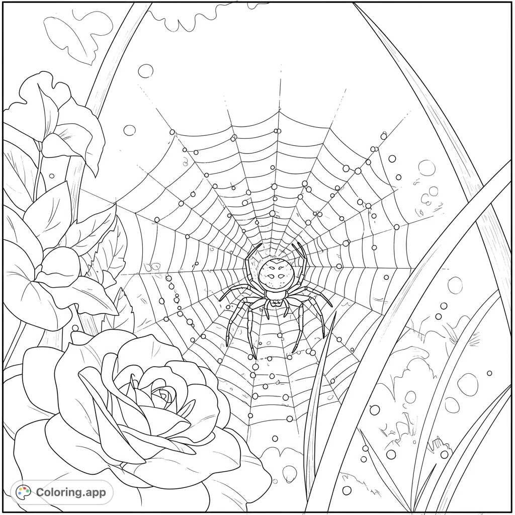 Discover a detailed garden spider on its intricate web, strung between a blooming flower and grass, with tiny pollen grains catching the light.