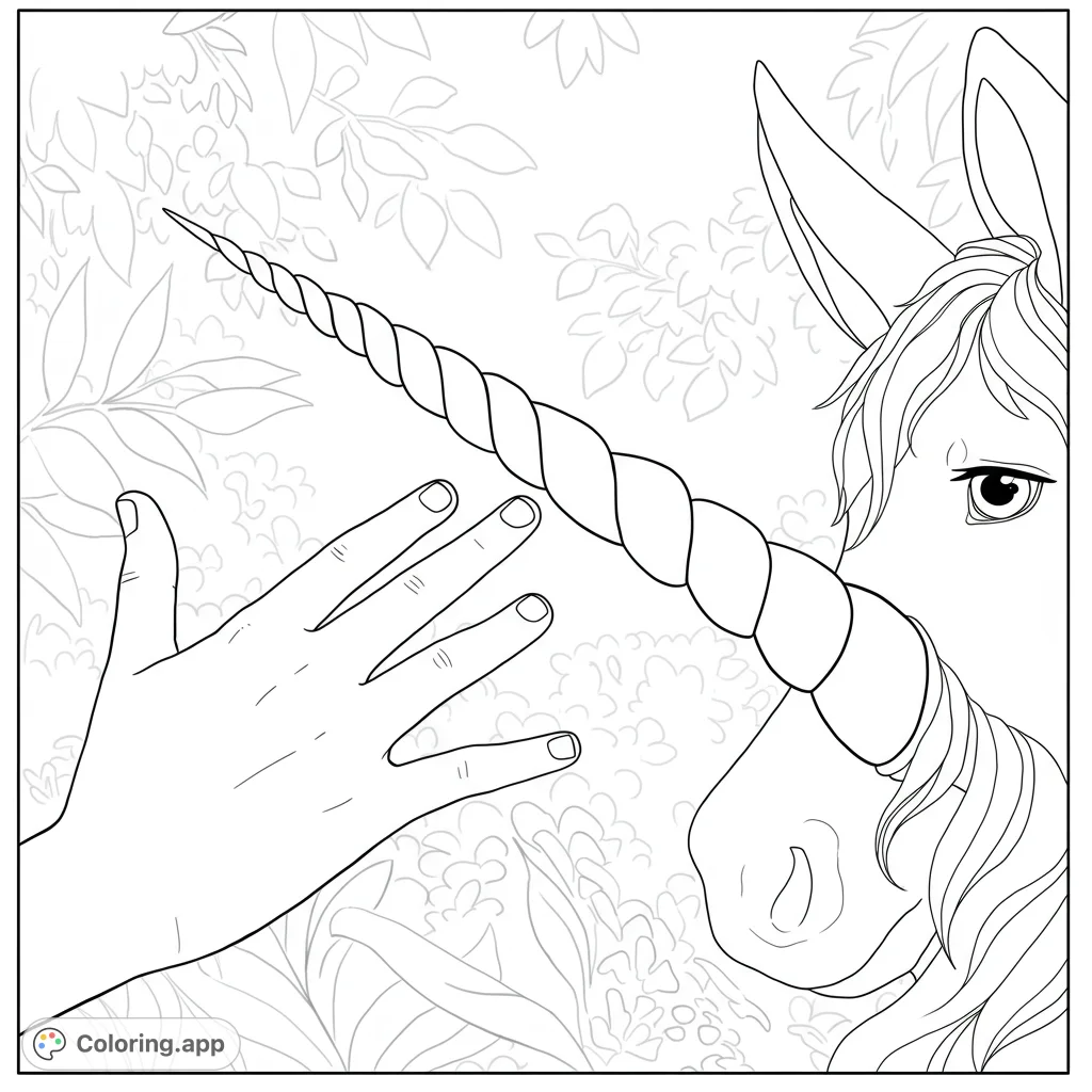 Experience the magic of a gentle touch between a human hand and a unicorn's spiraled horn, set against a serene, leafy background. A mystical fantasy coloring page.