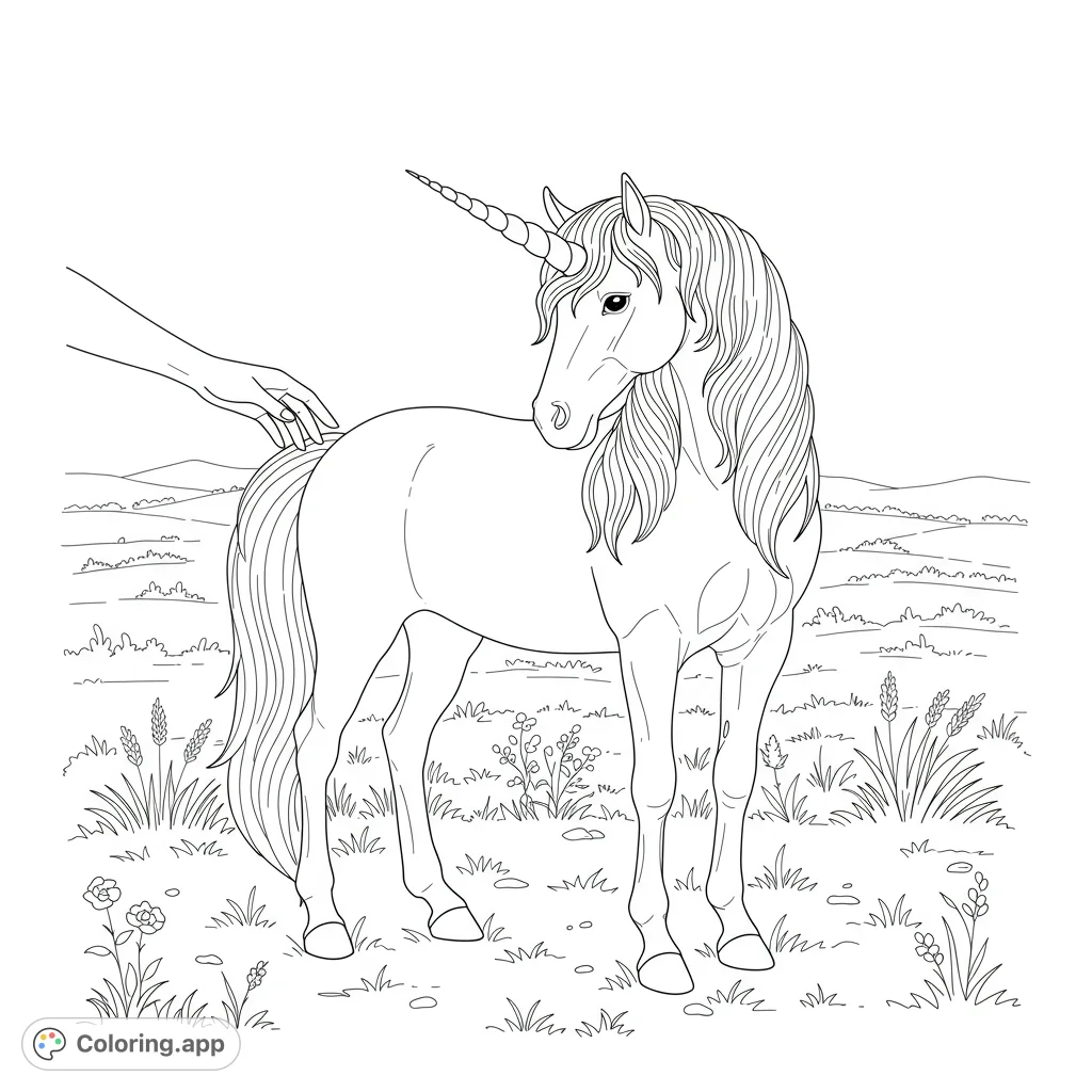 A serene unicorn receives a gentle stroke from a human hand in a peaceful meadow. Perfect for a magical escape and creative expression.