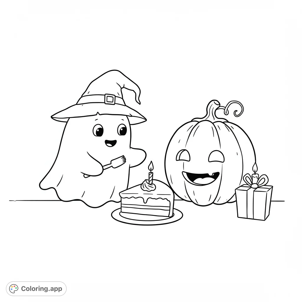 A delightful Halloween birthday scene featuring a cute ghost in a witch hat, a happy jack-o'-lantern, cake, and a gift. Perfect for festive coloring fun!