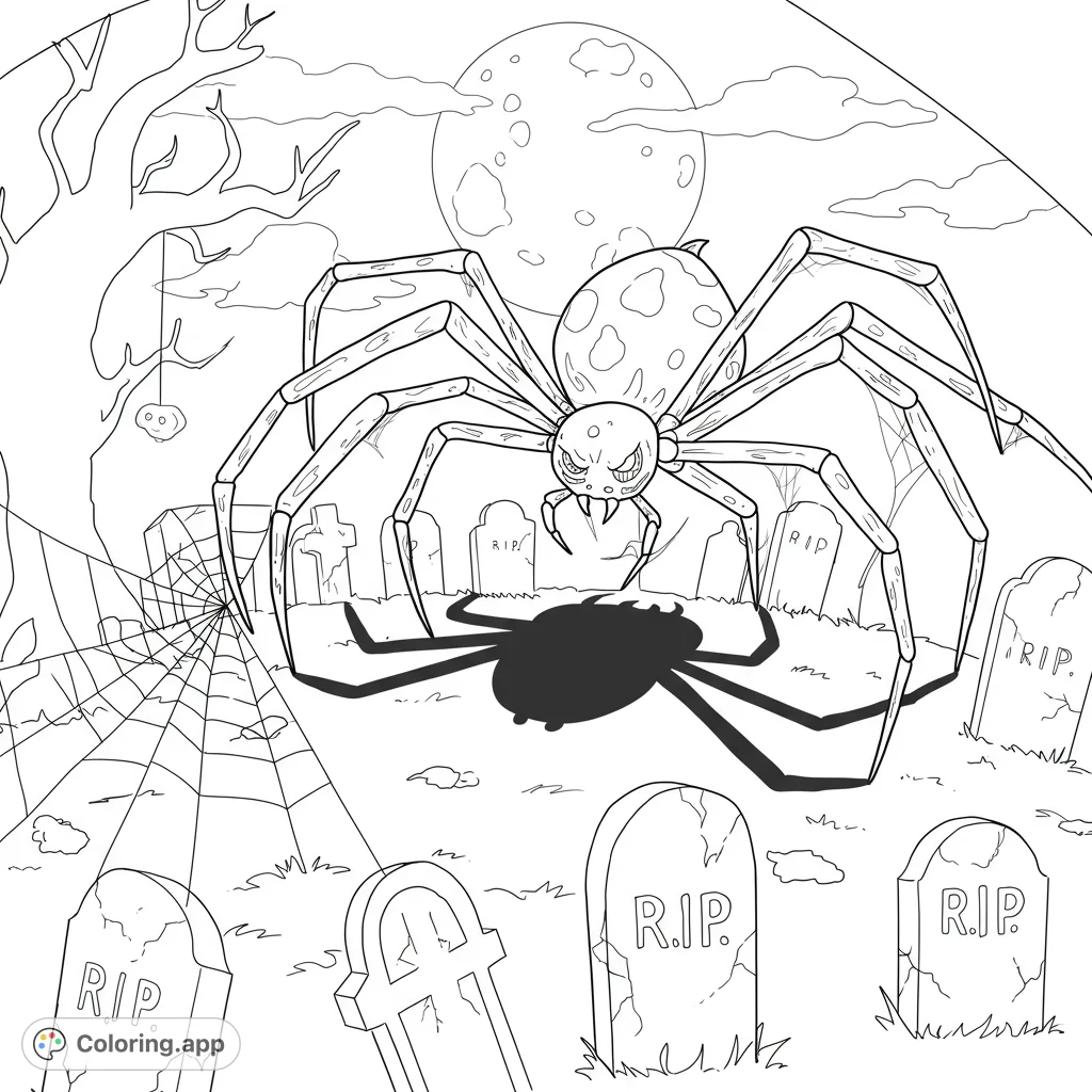 A giant spider looms over a spooky graveyard under a full moon, with a detailed web and gnarled tree. Perfect for Halloween fun!