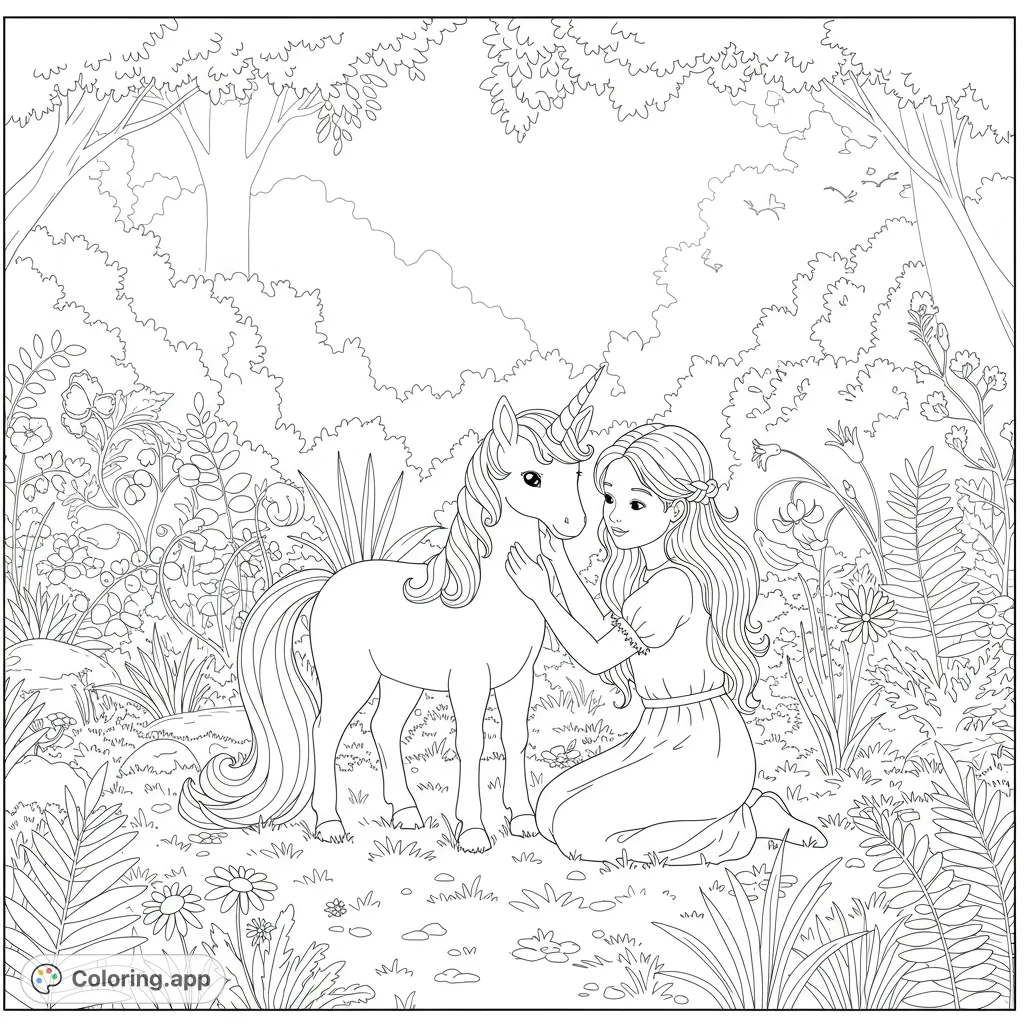 A heartwarming unicorn coloring page featuring a young girl tenderly petting a docile unicorn in a sun-dappled forest clearing, surrounded by ferns and wildflowers.