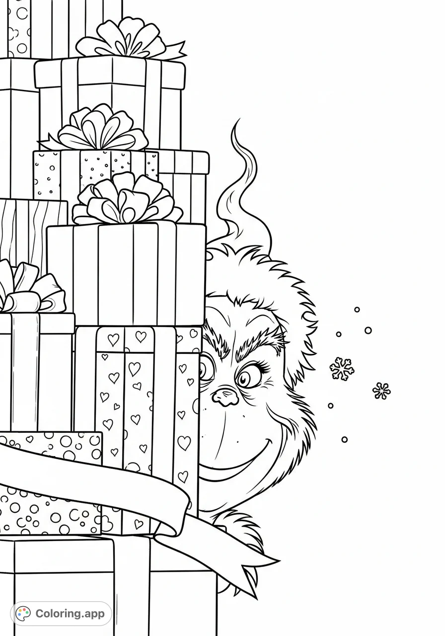 A delightful Grinch coloring page featuring his expressive face peeking from behind a towering stack of beautifully wrapped presents, perfect for festive fun!
