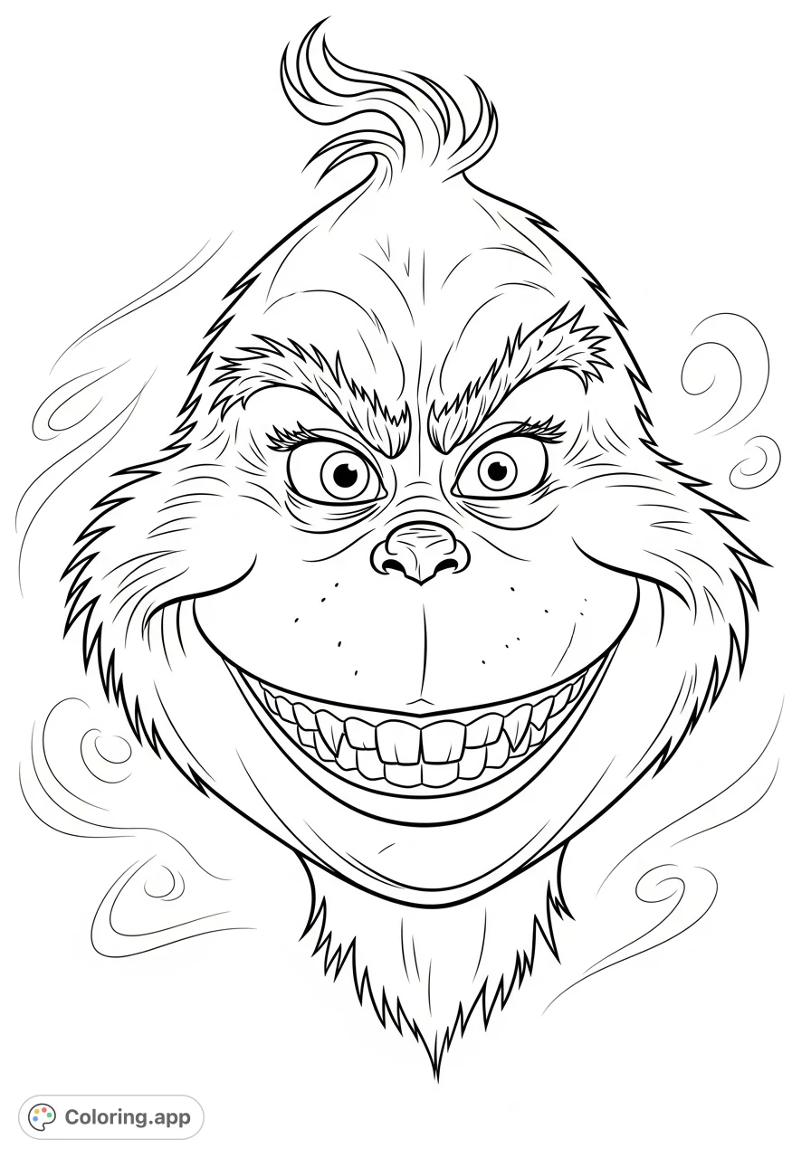 Capture the iconic, mischievous grin of the Grinch in this fun coloring page! Perfect for fans of all ages to bring to life with vibrant hues.