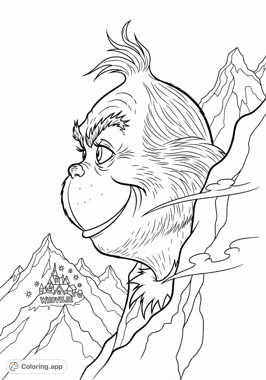 The Grinch's cunning profile overlooks Whoville from Mount Crumpit, featuring his signature grin and textured form amidst snowy peaks. A festive Grinch coloring page!